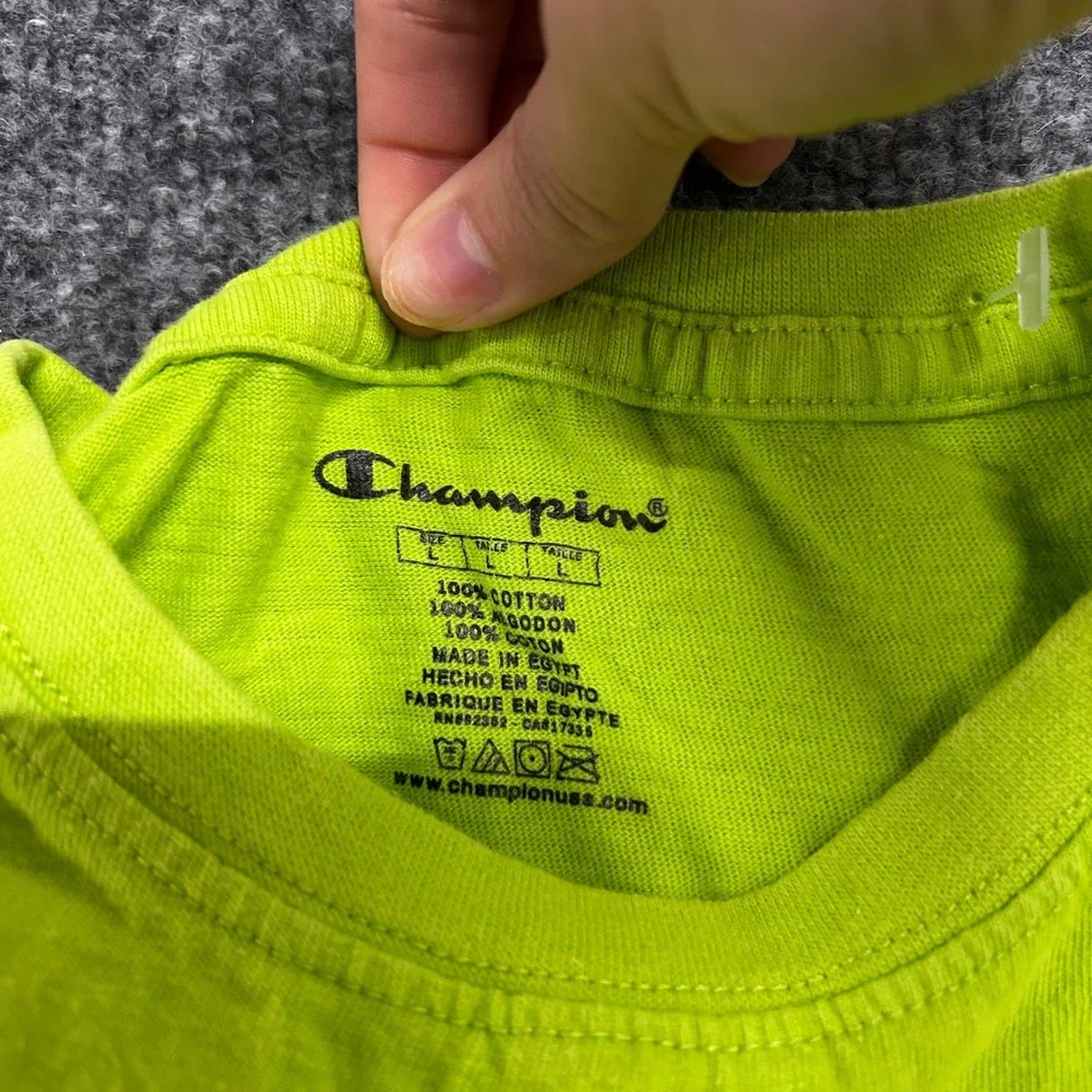 Champion T-Shirt Mens Size L Neon Lime Green Cotton Short Sleeve Athletic Logo - Picture 5 of 7